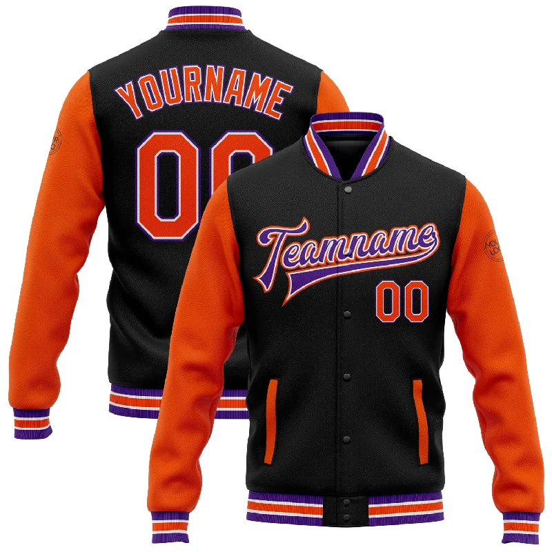 Classic Peacoat Jacket for Elegant Style-Custom Black Orange-Purple Bomber Full-Snap Varsity Letterman Two Tone Jacket