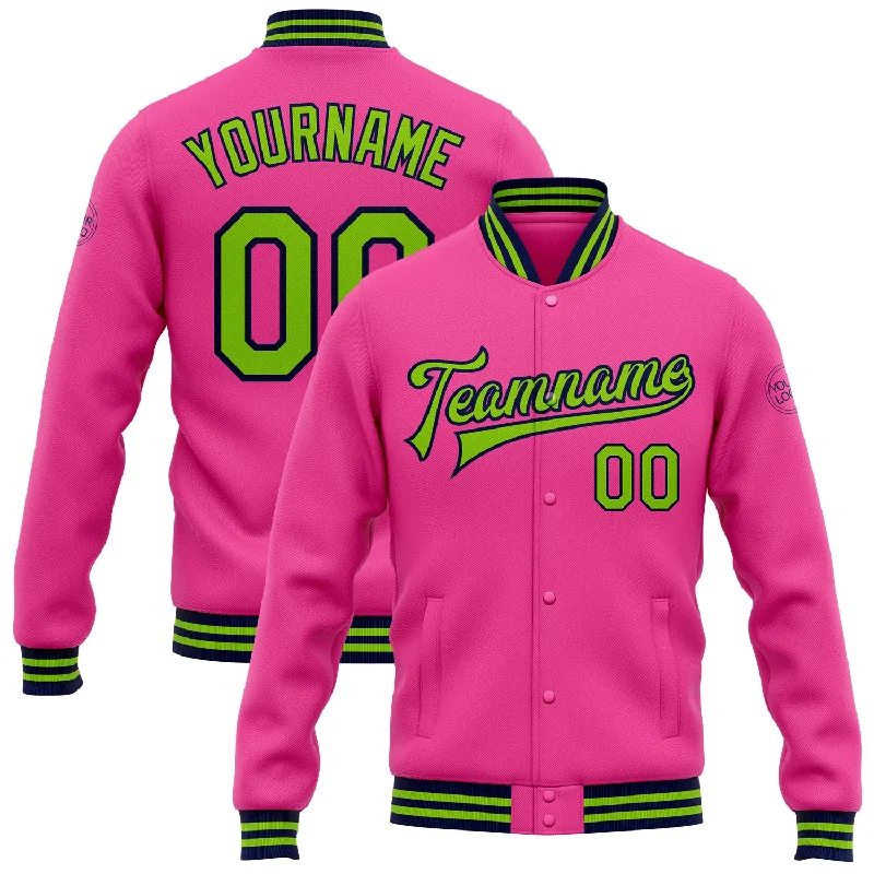 Minimalist Leather Jacket for Simple Chic-Custom Pink Neon Green-Navy Bomber Full-Snap Varsity Letterman Jacket