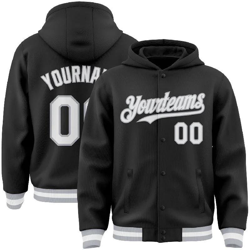 Fashionable Hoodie with Colorblock Design-Custom Black White-Gray Bomber Full-Snap Varsity Letterman Hoodie Jacket