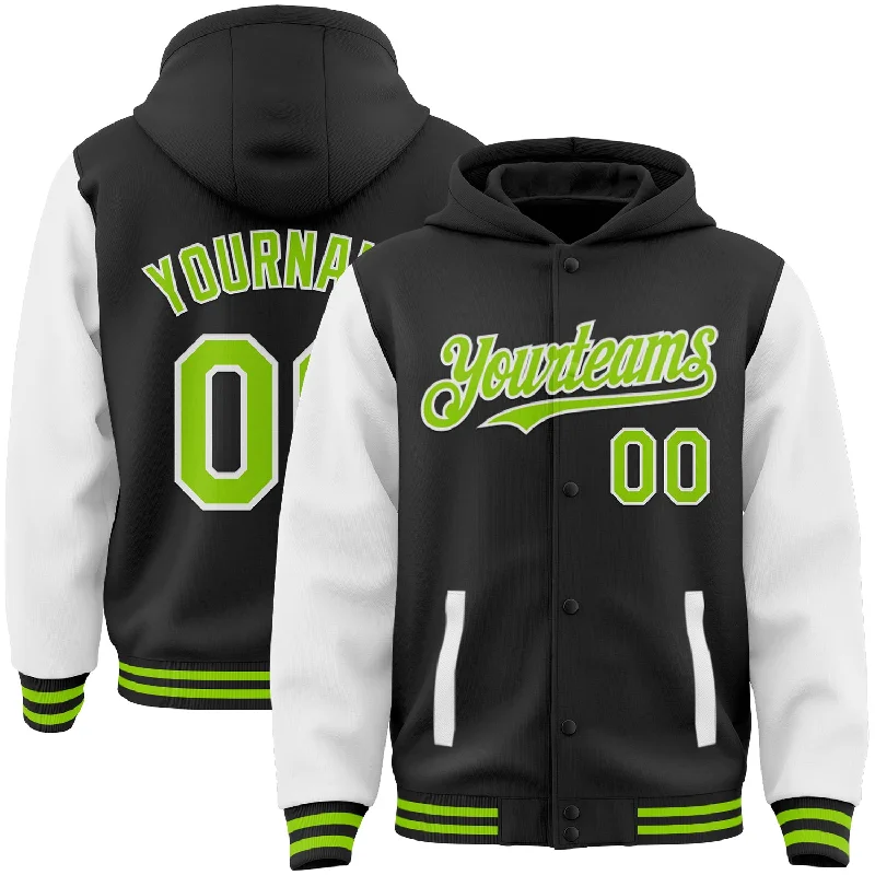 Soft Hoodie with Zip and Drawstring-Custom Black Neon Green-White Bomber Full-Snap Varsity Letterman Two Tone Hoodie Jacket