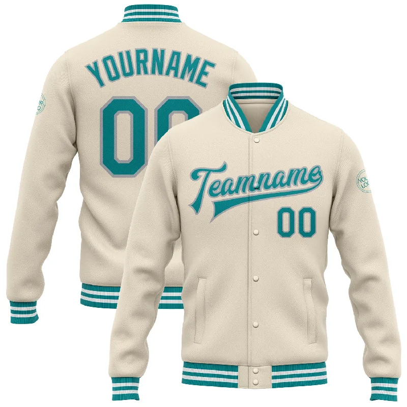 Relaxed Fit Denim Jacket for Casual Looks-Custom Cream Teal-Gray Bomber Full-Snap Varsity Letterman Jacket