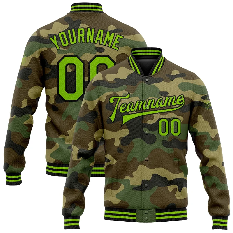 Modern Utility Jacket for Work and Play-Custom Camo Neon Green-Black Bomber Full-Snap Varsity Letterman Salute To Service Jacket