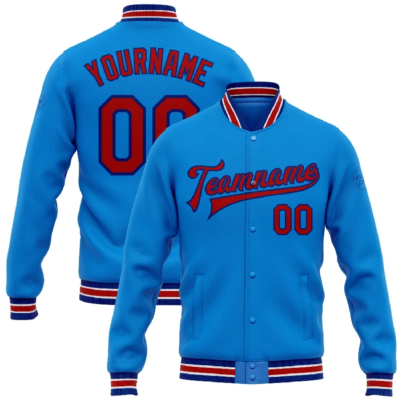 Fleece-Lined Winter Jacket for Extra Warmth-Custom Powder Blue Red-Royal Bomber Full-Snap Varsity Letterman Jacket