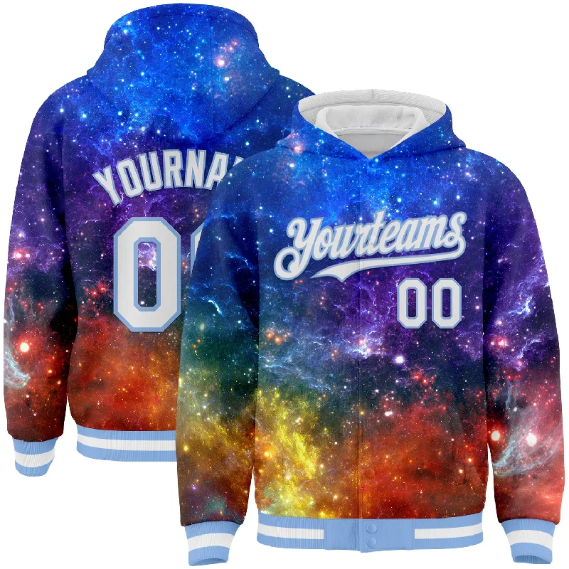 Lightweight Hoodie for Warm Fall Days-Custom Galactic White-Light Blue 3D Bomber Full-Snap Varsity Letterman Hoodie Jacket