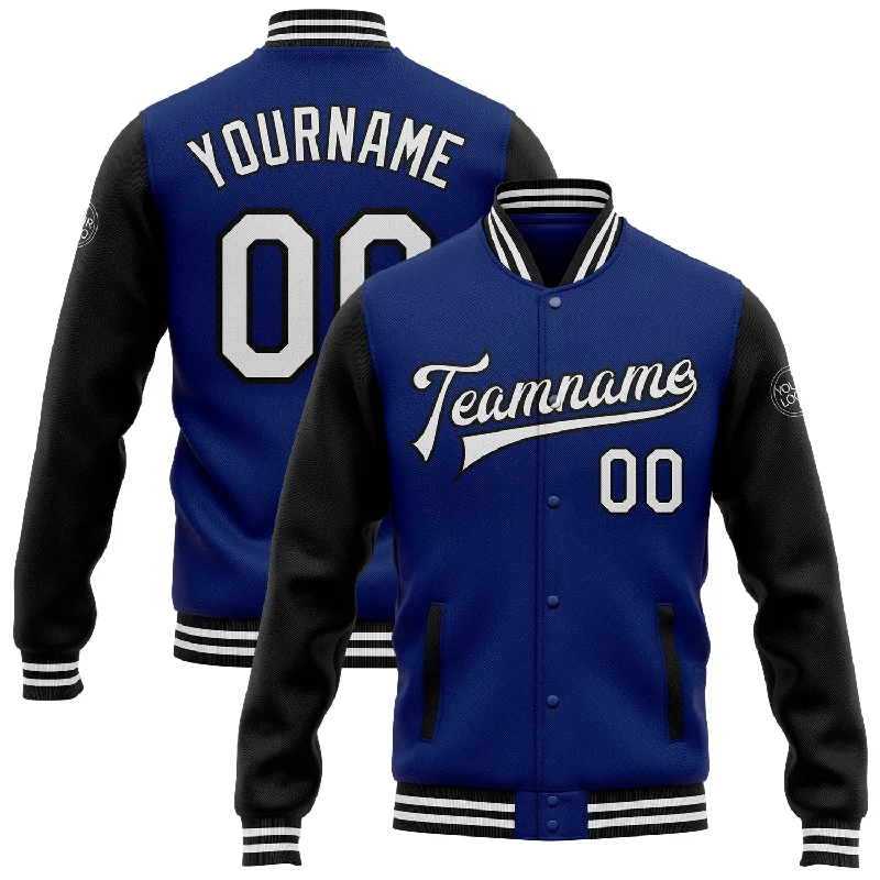 Warm Faux Leather Jacket for Fall and Winter-Custom Royal White-Black Bomber Full-Snap Varsity Letterman Two Tone Jacket