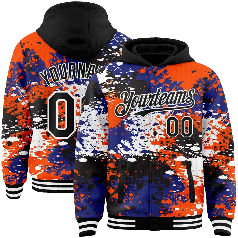 Warm Hoodie for Cold Mornings-Custom Black Orange-Royal Abstract Splash Grunge Art 3D Pattern Design Bomber Full-Snap Varsity Letterman Hoodie Jacket