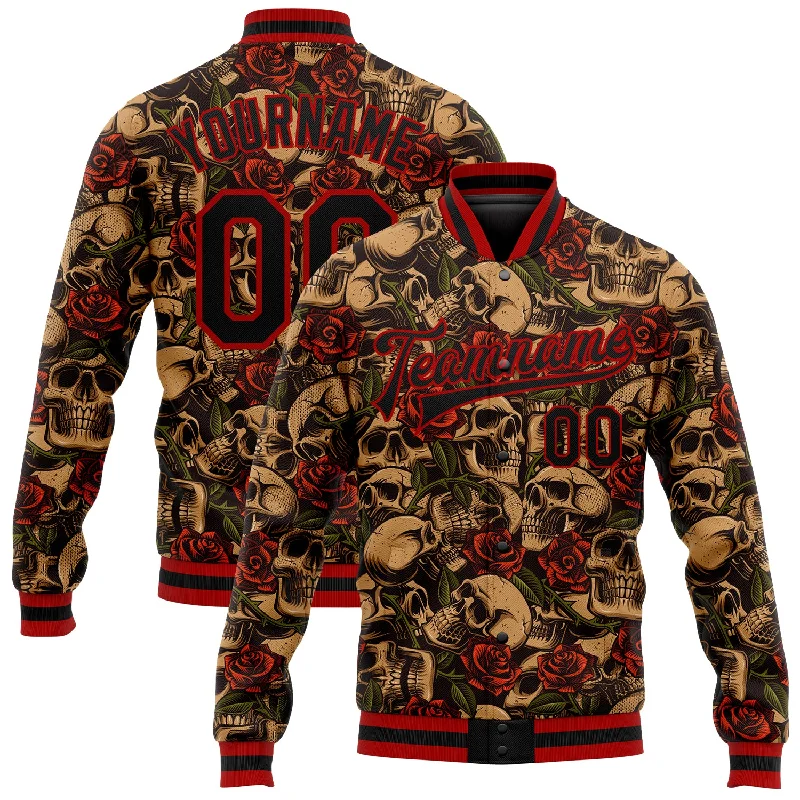 Comfortable Puffer Vest Jacket for Layering-Custom Black Red Rose Skull Fashion 3D Bomber Full-Snap Varsity Letterman Jacket