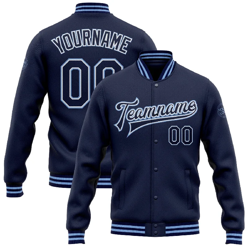 Warm Puffer Jacket for Winter Comfort-Custom Navy White-Light Blue Bomber Full-Snap Varsity Letterman Jacket