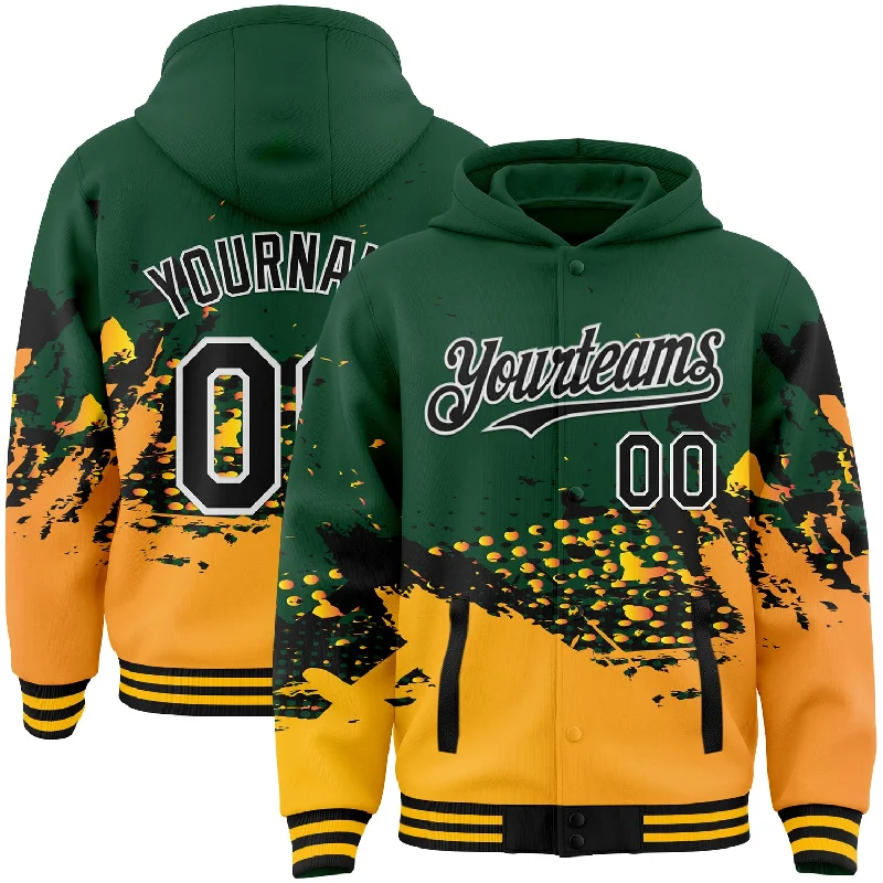 Stylish Hoodie with Bold Prints-Custom Green Black-Gold Abstract Splash Grunge Art 3D Pattern Design Bomber Full-Snap Varsity Letterman Hoodie Jacket