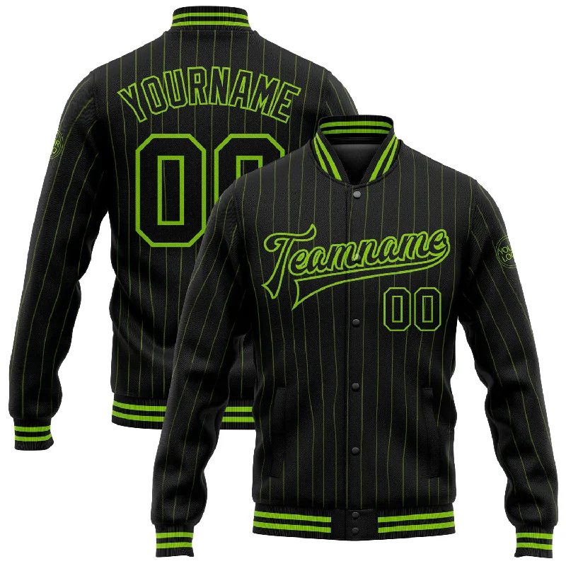 Breathable Lightweight Running Jacket for Fitness-Custom Black Neon Green Pinstripe Neon Green Bomber Full-Snap Varsity Letterman Jacket