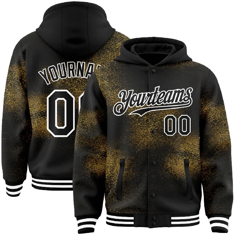 Cozy Hoodie for Cold Winter Days-Custom Black Old Gold-White Abstract Network 3D Pattern Design Bomber Full-Snap Varsity Letterman Hoodie Jacket