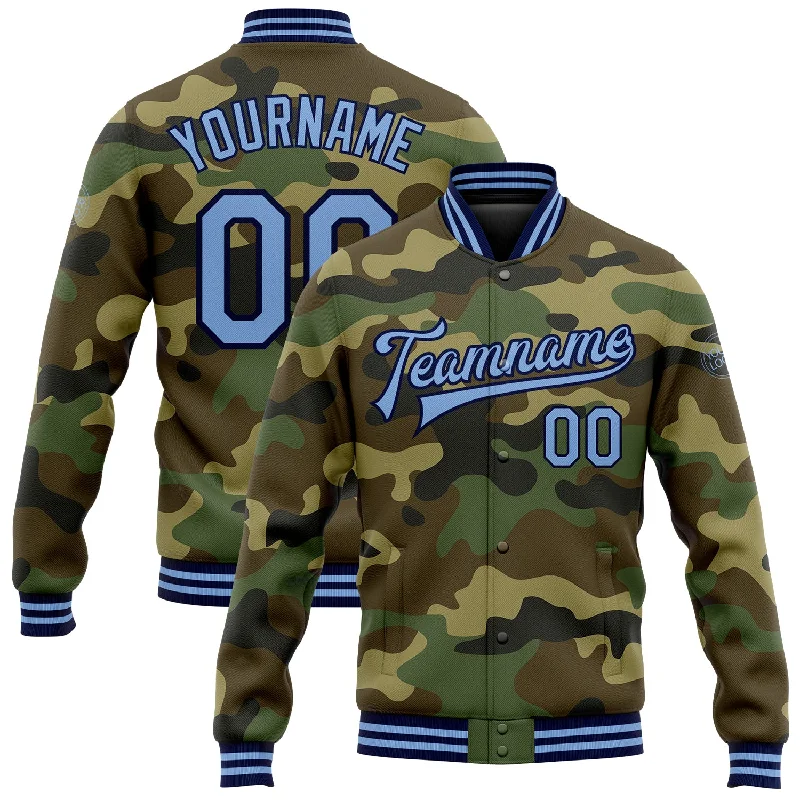 Lightweight Soft-Shell Windbreaker for Sports-Custom Camo Light Blue-Navy Bomber Full-Snap Varsity Letterman Salute To Service Jacket