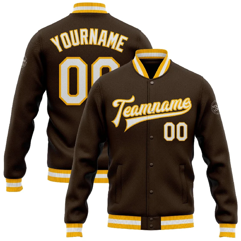 Modern Utility Jacket for Everyday Wear-Custom Brown White-Gold Bomber Full-Snap Varsity Letterman Jacket