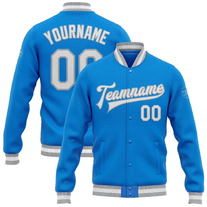 Stylish Quilted Coat Jacket for Fall Fashion-Custom Powder Blue White-Gray Bomber Full-Snap Varsity Letterman Jacket