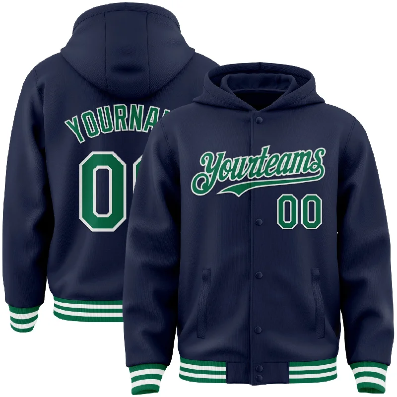 Cozy Hoodie for Cold Winter Days-Custom Navy Kelly Green-White Bomber Full-Snap Varsity Letterman Hoodie Jacket