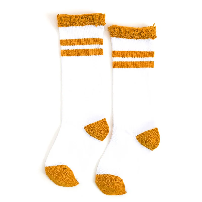 Unique Themed Socks for Personalized Style-Marigold Striped Lace Top Knee High Socks