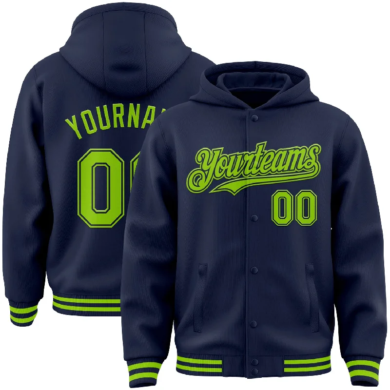 Soft and Comfy Hoodie for Chill Days-Custom Navy Neon Green Bomber Full-Snap Varsity Letterman Hoodie Jacket