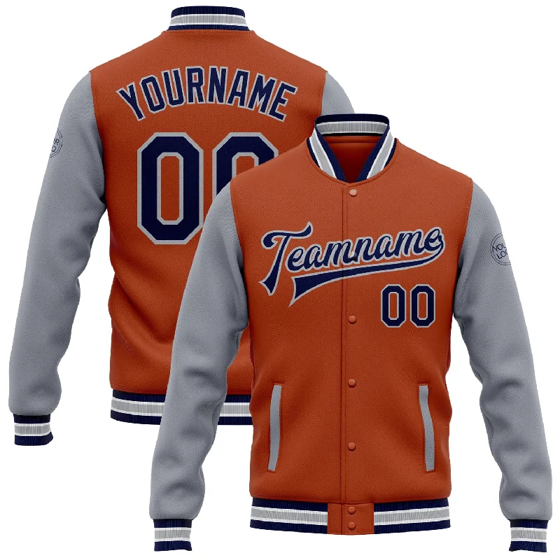 Sporty Active Jacket for Fitness Enthusiasts-Custom Texas Orange Navy-Gray Bomber Full-Snap Varsity Letterman Two Tone Jacket