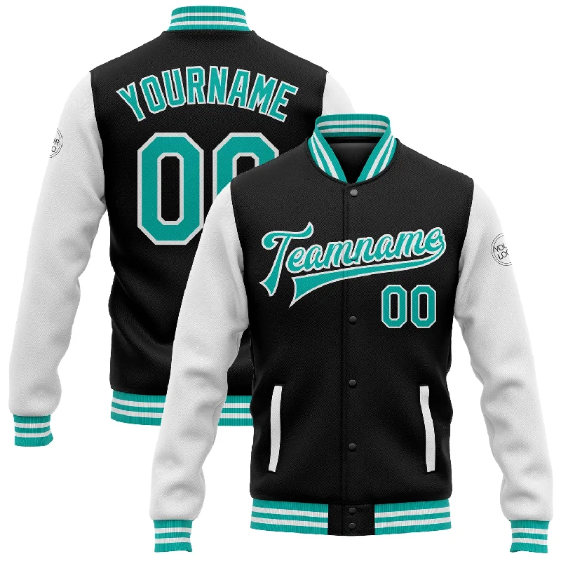 Lightweight Soft Shell Jacket for Hiking-Custom Black Aqua-White Bomber Full-Snap Varsity Letterman Two Tone Jacket