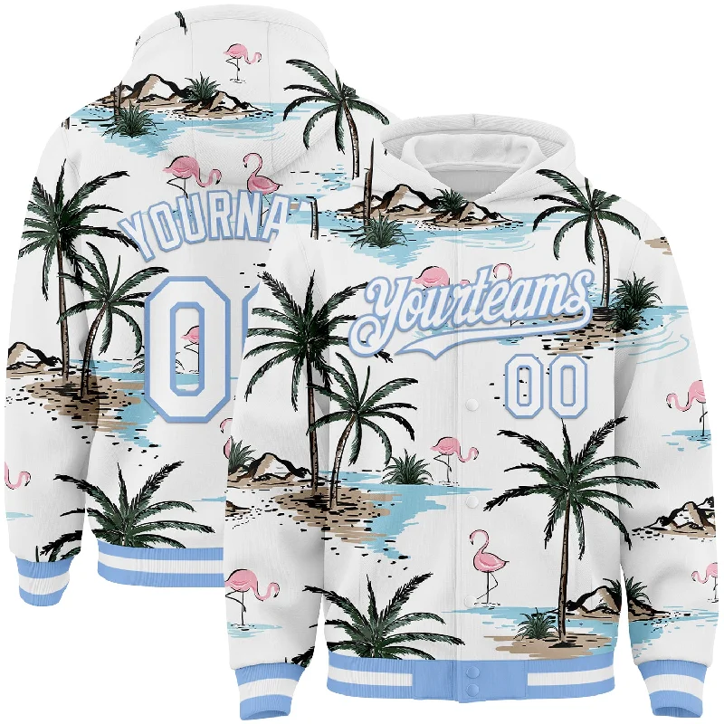 Cozy Hoodie for Winter Outdoor Activities-Custom White Light Blue Tropical Hawaii Palm Trees 3D Bomber Full-Snap Varsity Letterman Hoodie Jacket