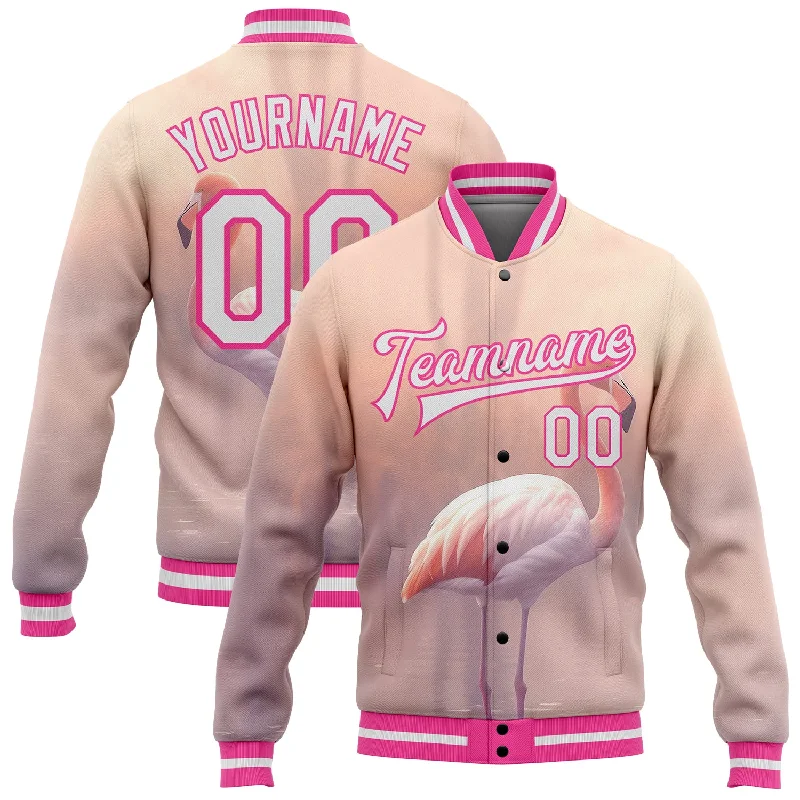 Casual Zip-Up Hoodie Jacket for Relaxed Days-Custom Medium Pink White-Pink Flamingo 3D Pattern Design Bomber Full-Snap Varsity Letterman Jacket