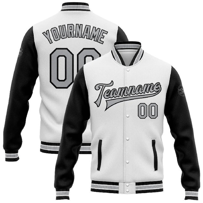 Fashionable Corduroy Jacket for Vintage Style-Custom White Gray-Black Bomber Full-Snap Varsity Letterman Two Tone Jacket