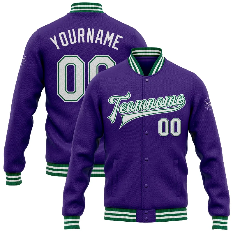 Fleece-Lined Winter Jacket for Extra Warmth-Custom Purple White-Kelly Green Bomber Full-Snap Varsity Letterman Jacket