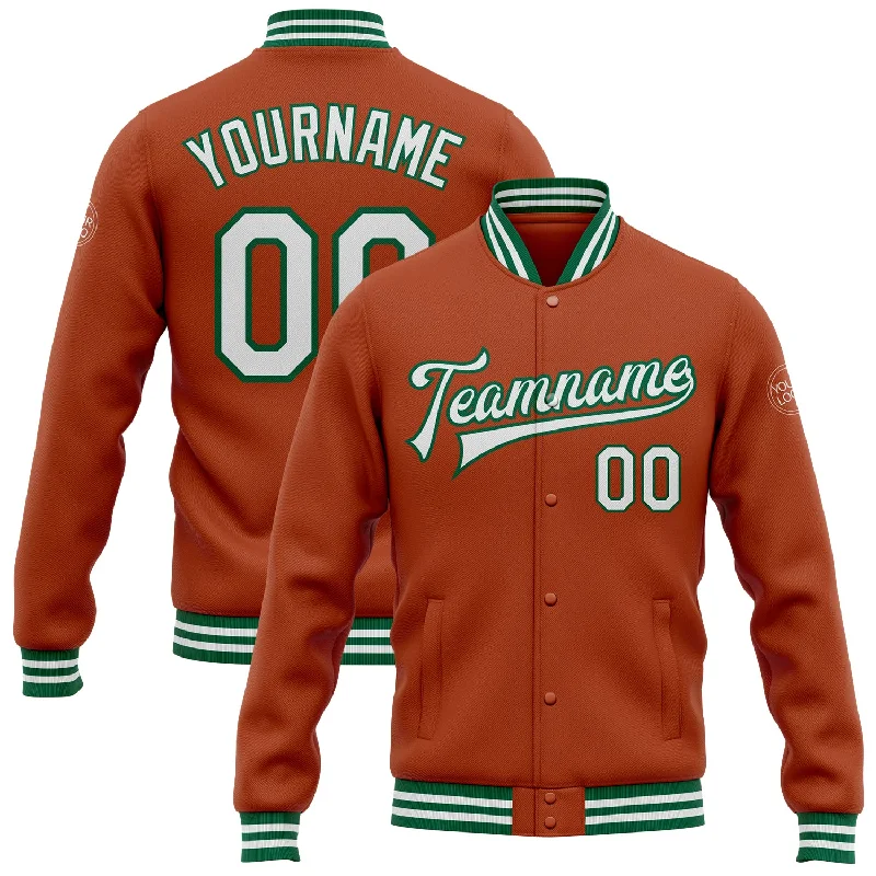 Classic Wool Coat Jacket for Timeless Style-Custom Texas Orange White-Kelly Green Bomber Full-Snap Varsity Letterman Jacket