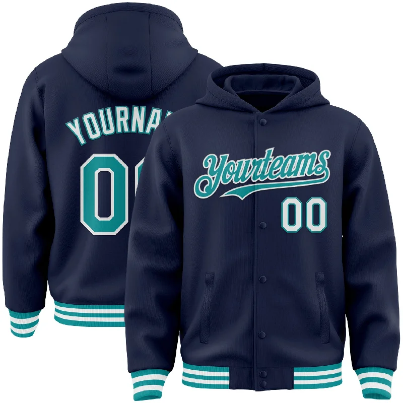 Warm Hoodie for Outdoor Sports-Custom Navy Teal-White Bomber Full-Snap Varsity Letterman Hoodie Jacket