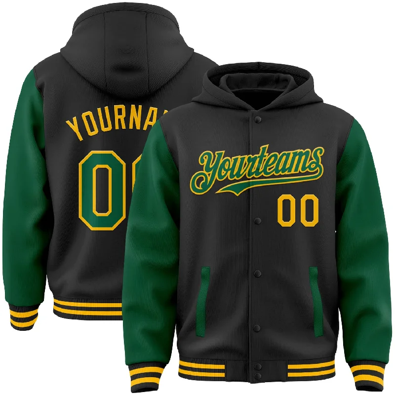 Cozy Sherpa Lined Hoodie for Maximum Warmth-Custom Black Kelly Green-Gold Bomber Full-Snap Varsity Letterman Two Tone Hoodie Jacket