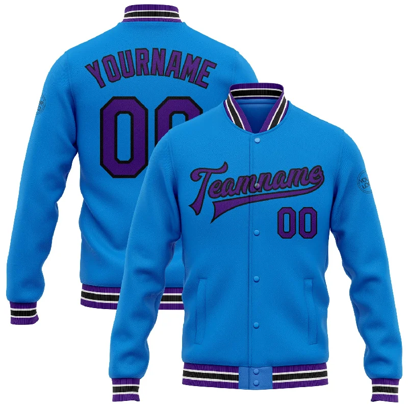 Lightweight Outdoor Jacket for Hiking Adventures-Custom Powder Blue Purple-Black Bomber Full-Snap Varsity Letterman Jacket