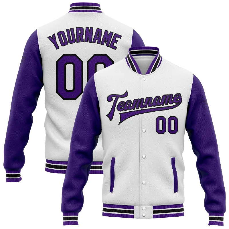 Light Windproof Jacket for Outdoor Adventures-Custom White Purple-Black Bomber Full-Snap Varsity Letterman Two Tone Jacket