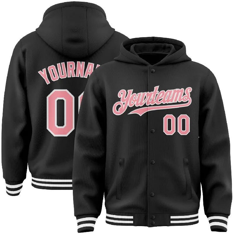 Trendy Hoodie for Streetwear Enthusiasts-Custom Black Medium Pink-White Bomber Full-Snap Varsity Letterman Hoodie Jacket