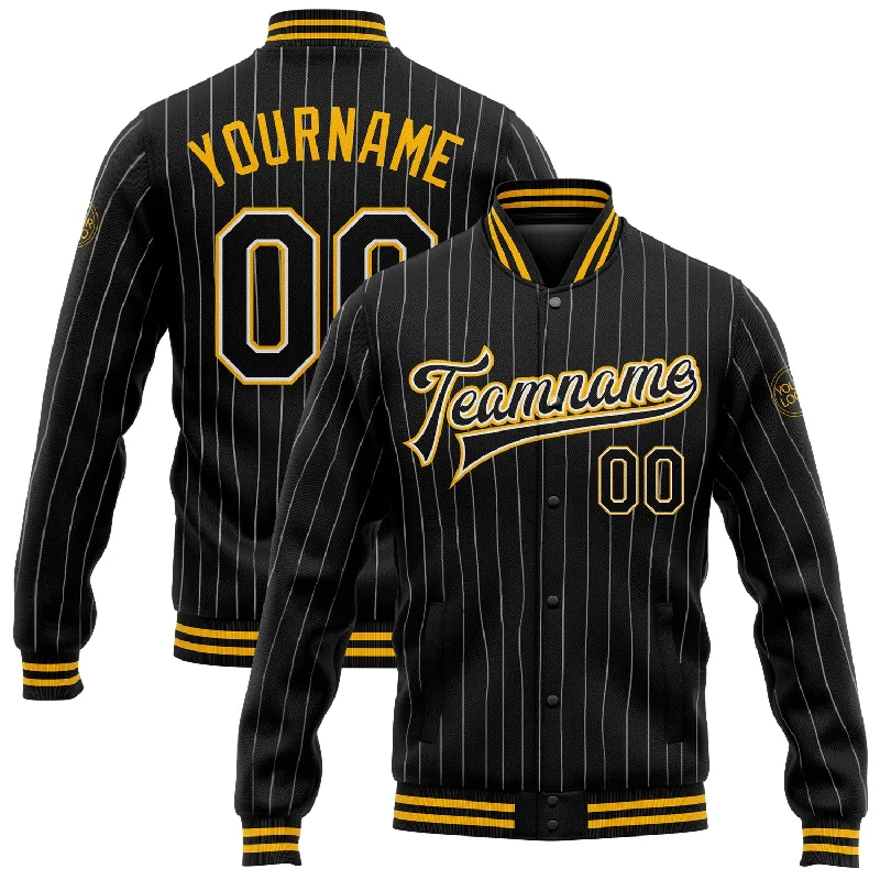 Sporty Track Jacket for Active Living-Custom Black White Pinstripe Gold Bomber Full-Snap Varsity Letterman Jacket