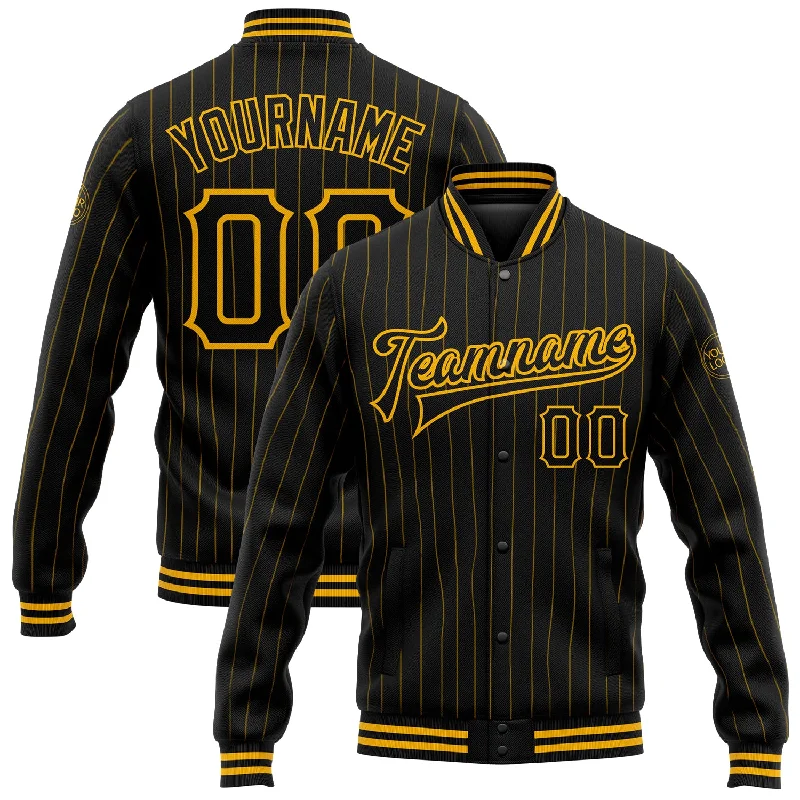 Trendy Zip-Up Jacket for Casual Styling-Custom Black Gold Pinstripe Gold Bomber Full-Snap Varsity Letterman Jacket