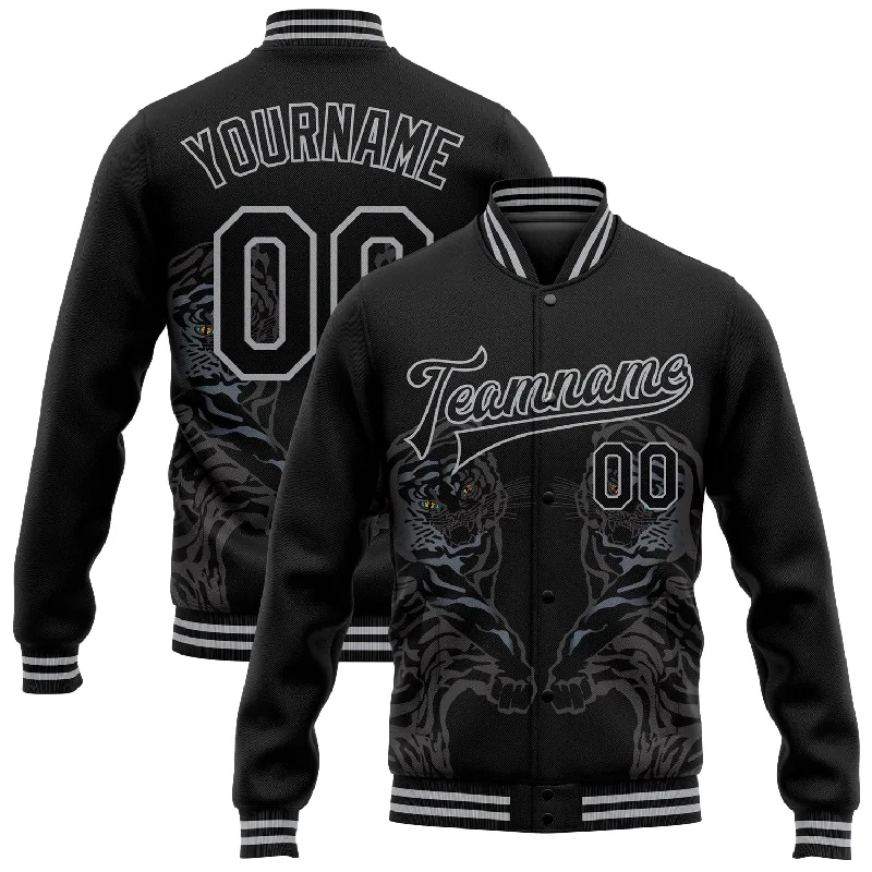 Warm Fleece Jacket for Layering-Custom Black Gray Tiger 3D Pattern Design Bomber Full-Snap Varsity Letterman Jacket