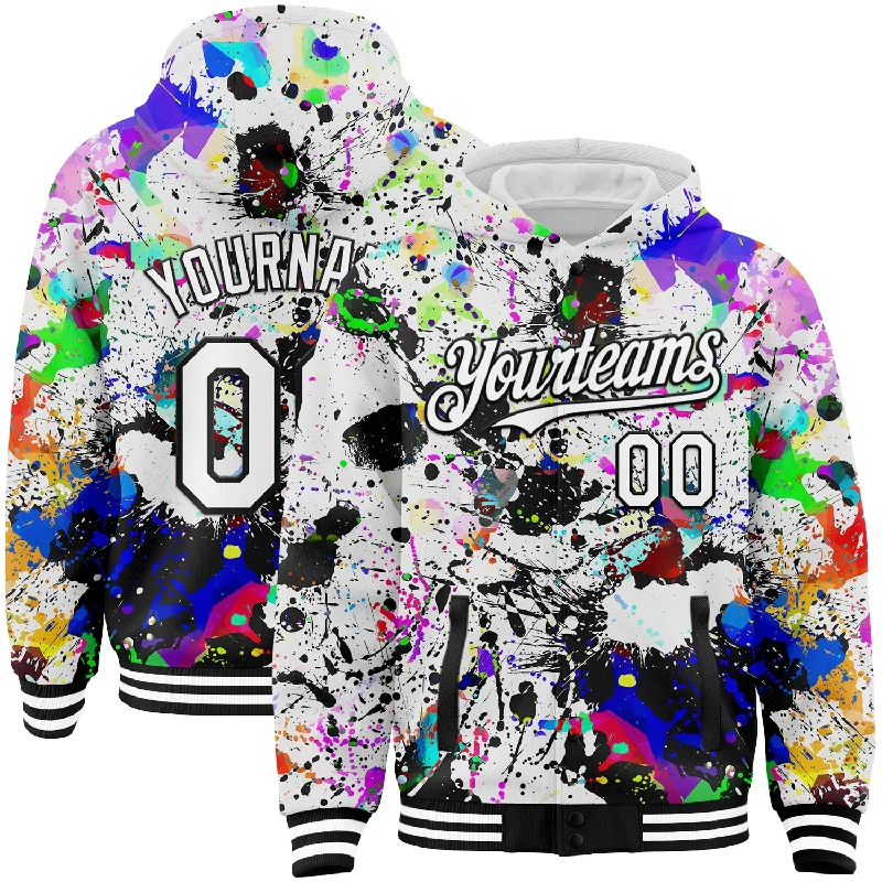 Comfortable Hoodie for Casual Days Out-Custom Graffiti Pattern White-Black Splash 3D Bomber Full-Snap Varsity Letterman Hoodie Jacket