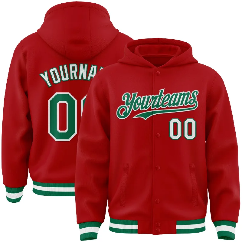 Fashionable Hoodie for College Students-Custom Red Kelly Green-White Bomber Full-Snap Varsity Letterman Hoodie Jacket