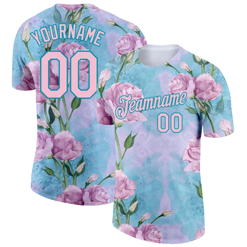 Breathable T-Shirt for Outdoor Adventures-Custom Teal Light Pink 3D Pattern Design Flowers Performance T-Shirt