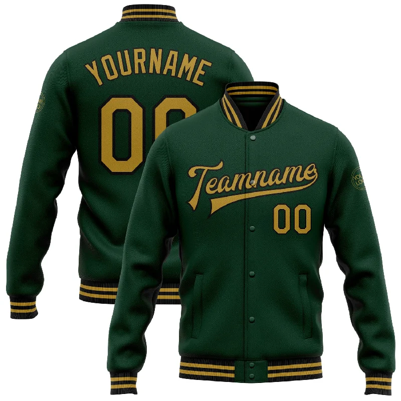 Reversible Jacket for Versatile Outfits-Custom Green Old Gold-Black Bomber Full-Snap Varsity Letterman Jacket