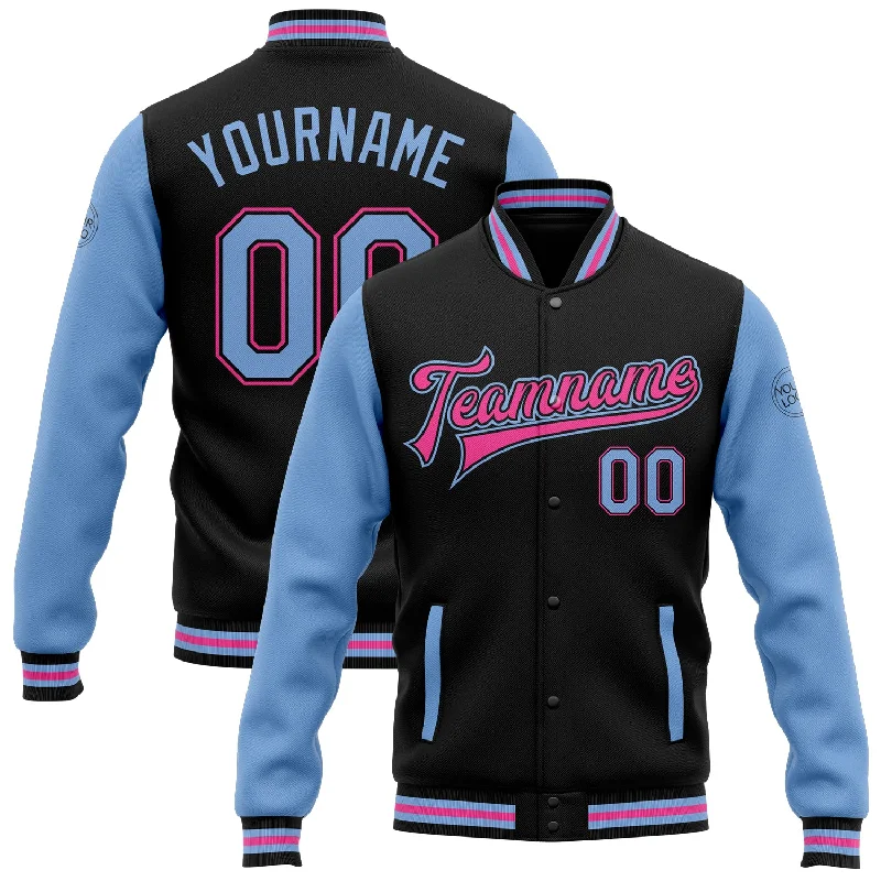 Insulated Down Jacket for Ultimate Warmth-Custom Black Light Blue-Pink Bomber Full-Snap Varsity Letterman Two Tone Jacket