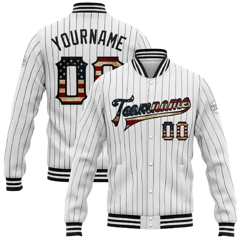 Athletic Zip Jacket for Sports Performance-Custom White Black Pinstripe Vintage USA Flag Bomber Full-Snap Varsity Letterman Jacket