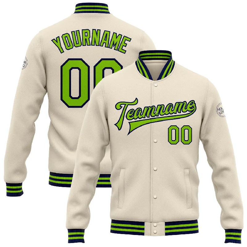 Lightweight Windbreaker Jacket for Outdoor Fun-Custom Cream Neon Green-Navy Bomber Full-Snap Varsity Letterman Jacket