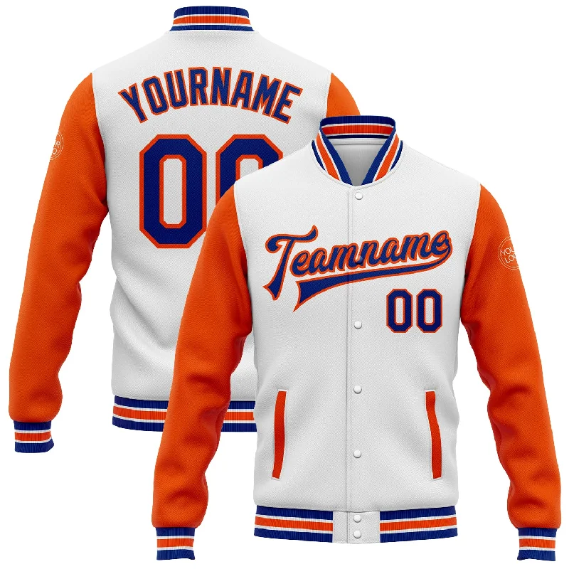 Insulated Down Jacket for Ultimate Warmth-Custom White Royal-Orange Bomber Full-Snap Varsity Letterman Two Tone Jacket