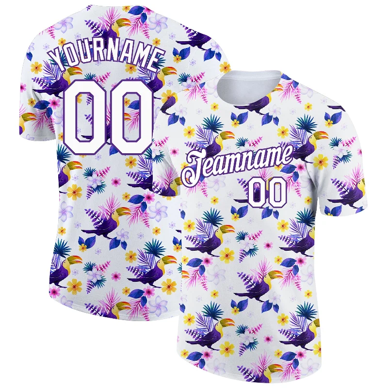 Graphic Tee T-Shirt for Street Style Fashion-Custom White Purple 3D Pattern Design Tropical Hawaii Flower With Bird Performance T-Shirt