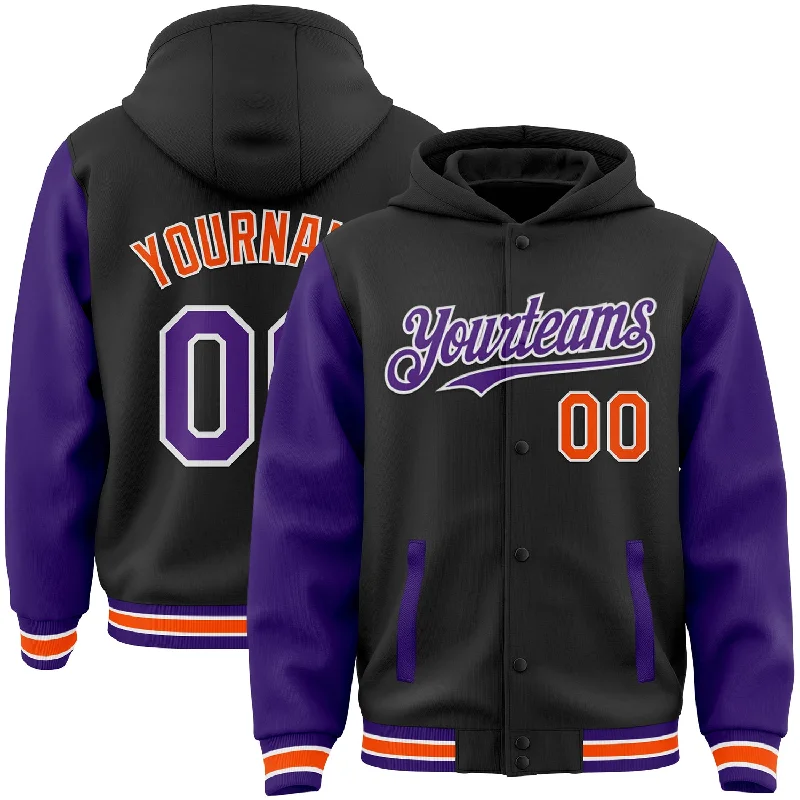 Cozy Hoodie with Extra Warmth for Winter-Custom Black Purple-Orange Bomber Full-Snap Varsity Letterman Two Tone Hoodie Jacket