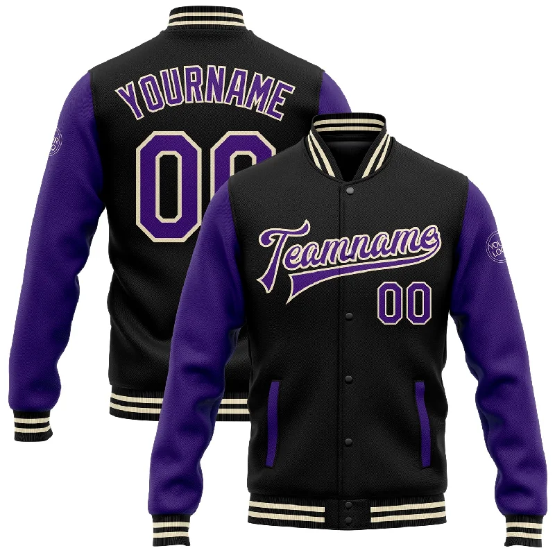 Warm Puffer Jacket for Winter Comfort-Custom Black Purple-Cream Bomber Full-Snap Varsity Letterman Two Tone Jacket