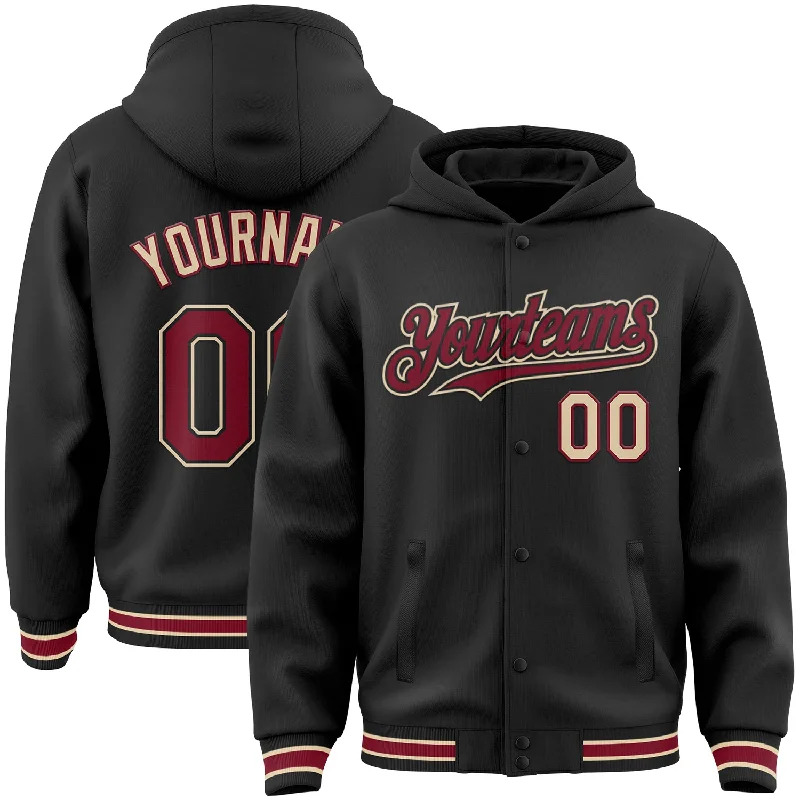 Versatile Hoodie for Layering Year-Round-Custom Black Crimson-City Cream Bomber Full-Snap Varsity Letterman Hoodie Jacket