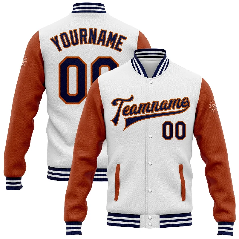 Classic Double-Breasted Trench Coat Jacket-Custom White Navy-Texas Orange Bomber Full-Snap Varsity Letterman Two Tone Jacket