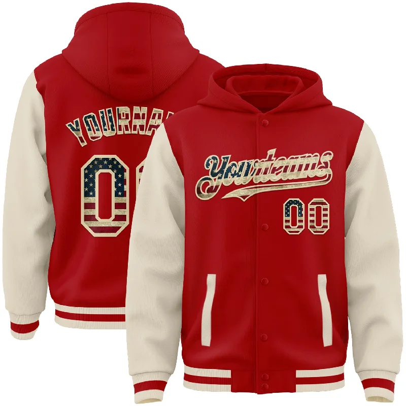 Stylish Hoodie with Ribbed Cuffs for Perfect Fit-Custom Red Vintage USA Flag-Cream Bomber Full-Snap Varsity Letterman Two Tone Hoodie Jacket